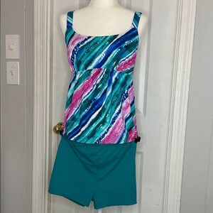 Belle by Kim Gravel Rainbow Stripe Tankini with Teal Shorts